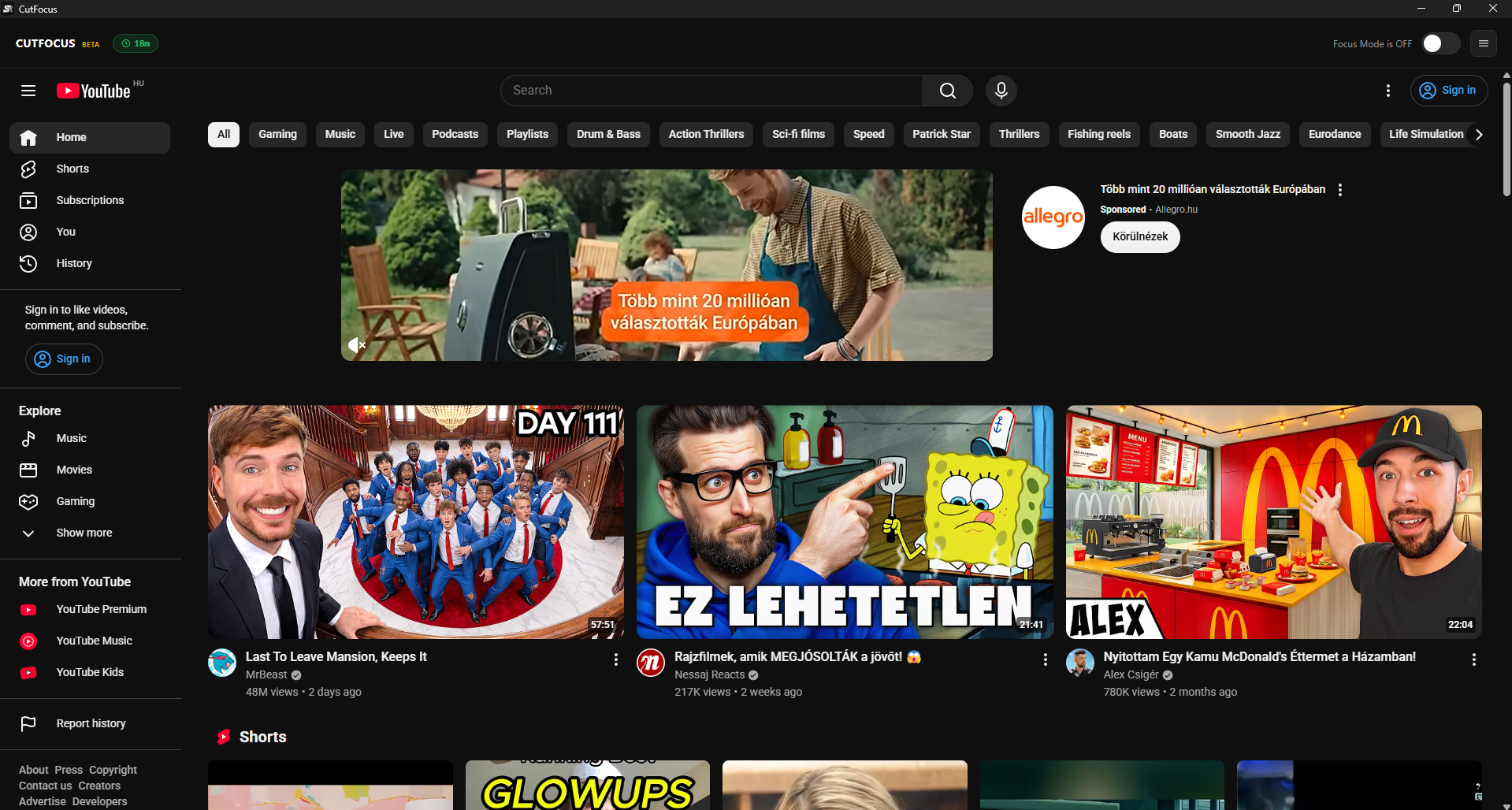 Regular YouTube homepage full of recommended videos and Shorts